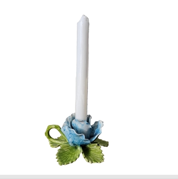 Capodimonte Blue Rose Candle Holder w/ Holding Ring Hand Painted In Portugal - Picture 2 of 10